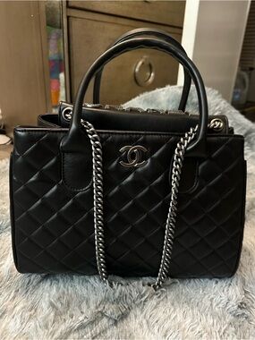 Black Quilted Leather Satchel with Silver Chain -